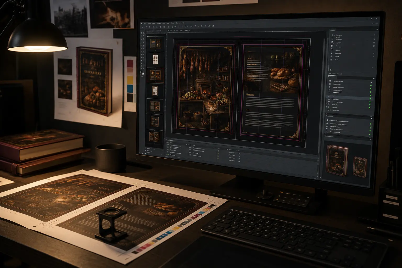 Illusztrációs prepress munkafolyamat monitorral, oldalpárral, segédvonalakkal és proof ívvel