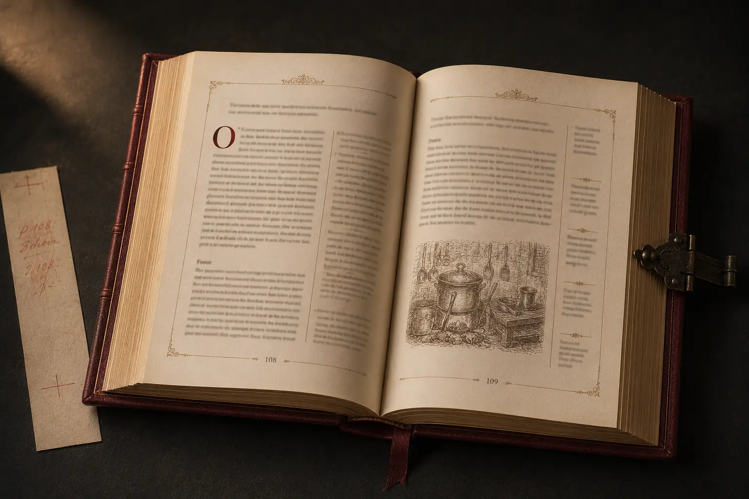 Illusztrációs receptoldalpár tipográfiai hierarchiával és korabeli metszettel